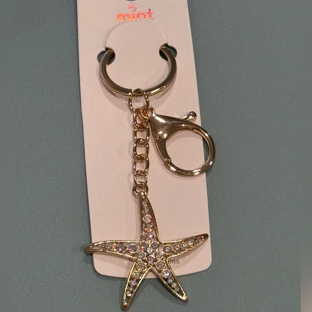 BAG CHARM Mint Starfish Keychain Sparkly Crystal Sea Star Iridescent & Gold